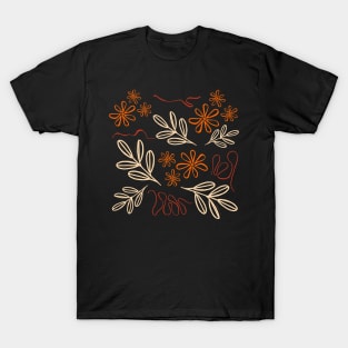 Orange Flowers and Leaves Pattern T-Shirt